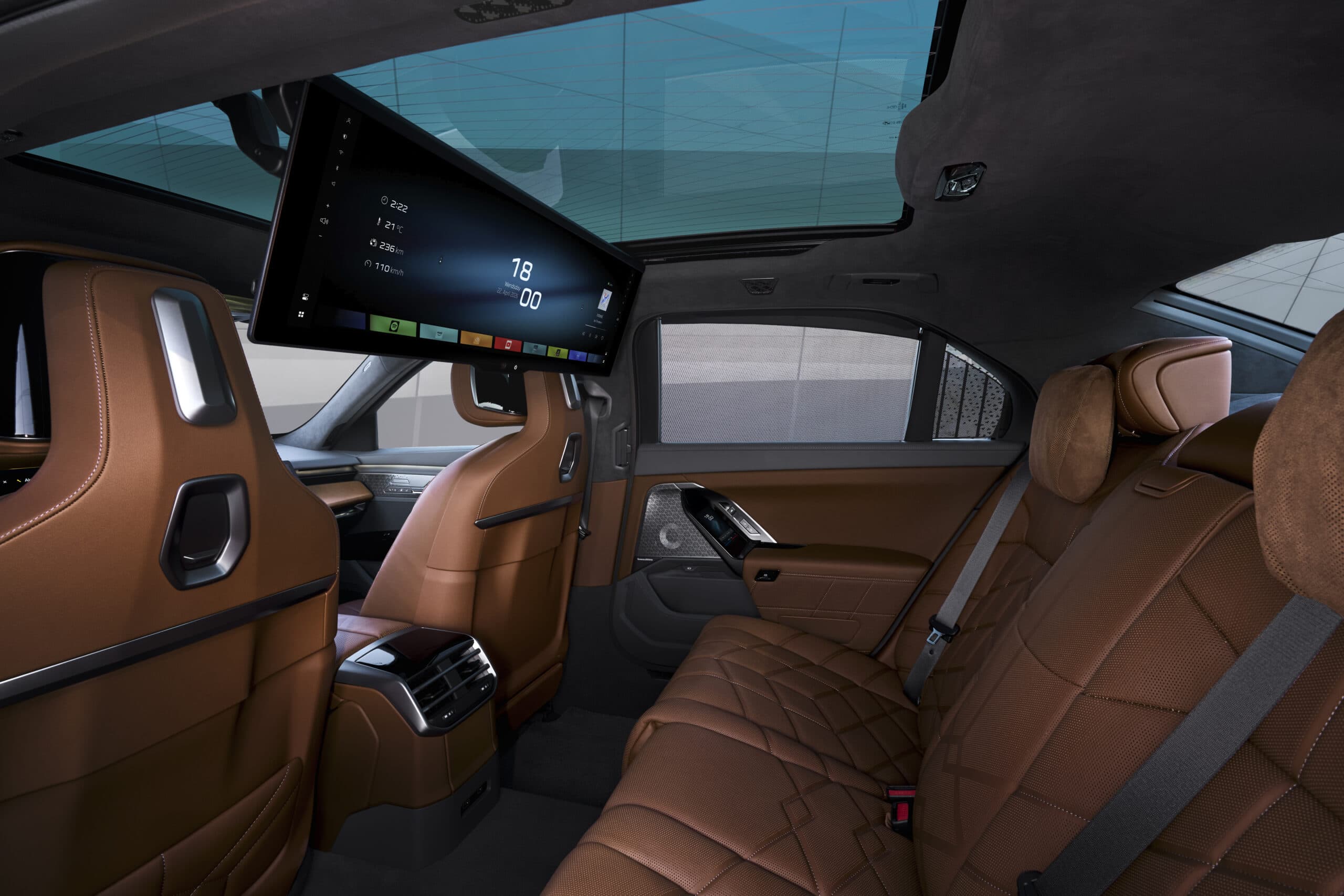 2027 BMW i7 showing internal view and large screen for back seat viewing