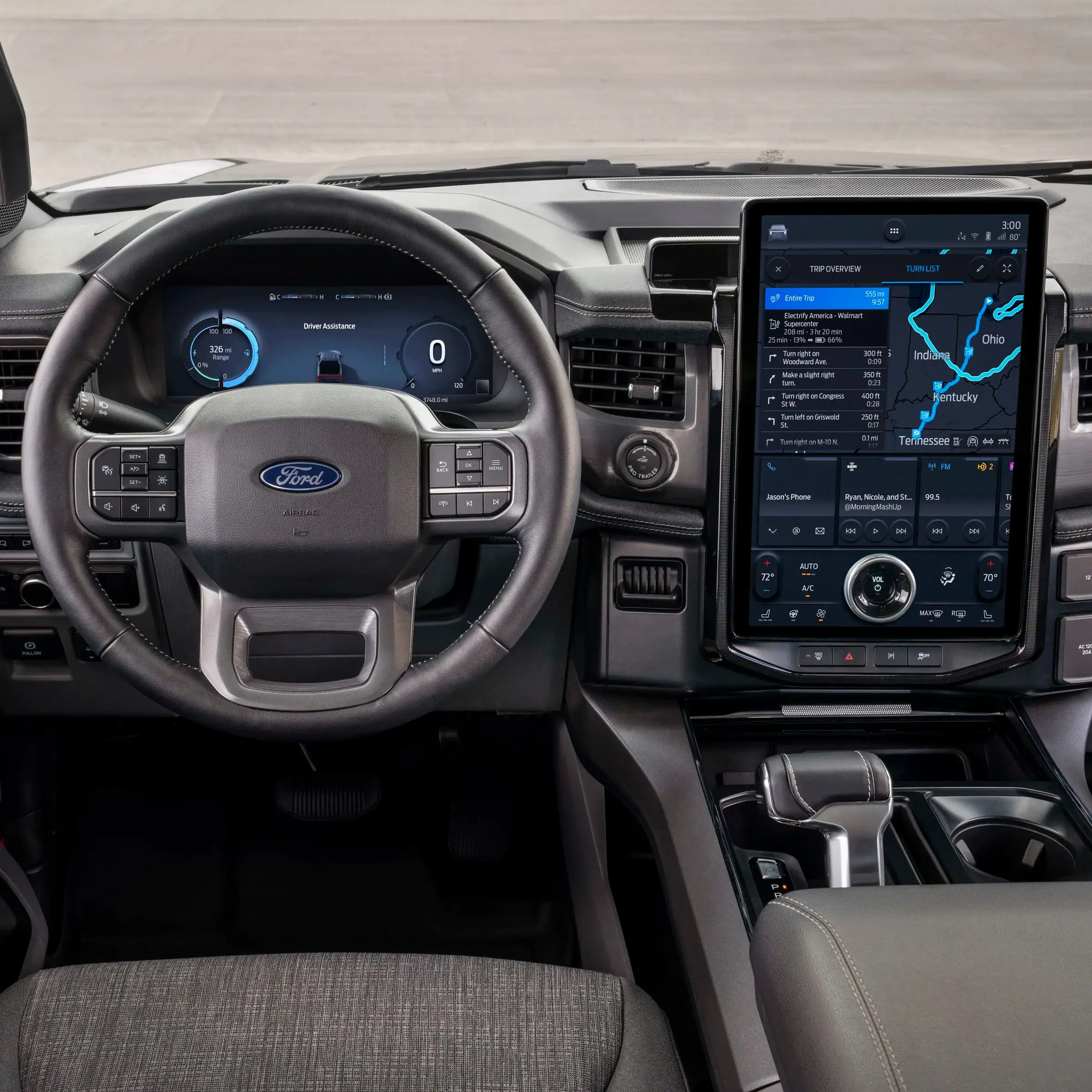 2025 Ford F-150 Lightning interior showing dashboard, center screen, seats, and steering wheel