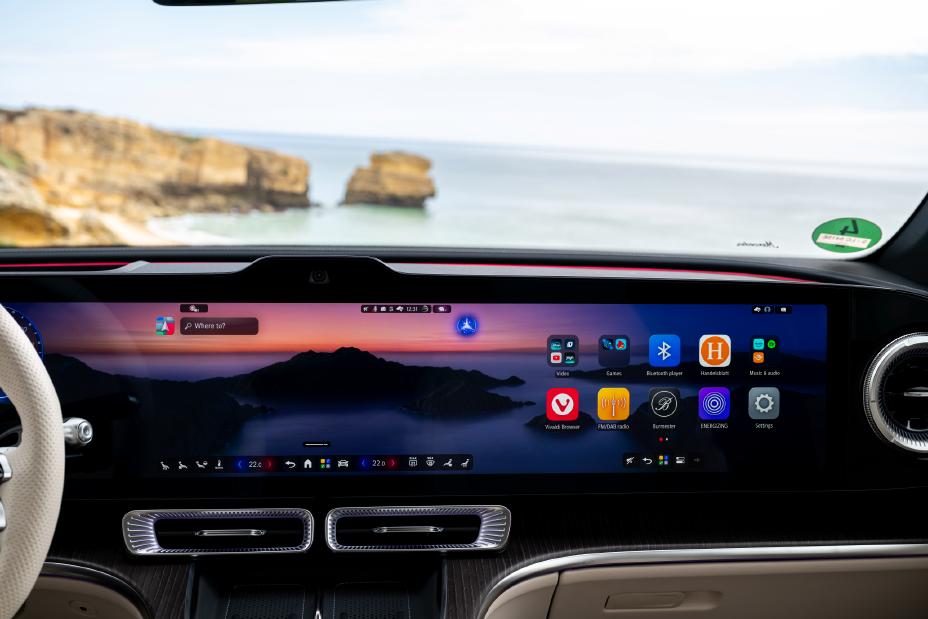 2027 Mercedes-Benz GLC Electric interior showing MBUX driver display and 14-inch central touchscreen
