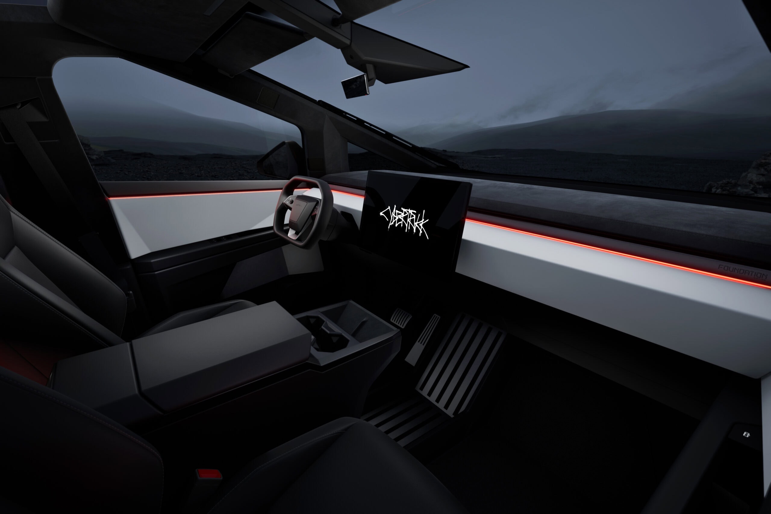 2026 Tesla Cybertruck internal view front seats and dash board
