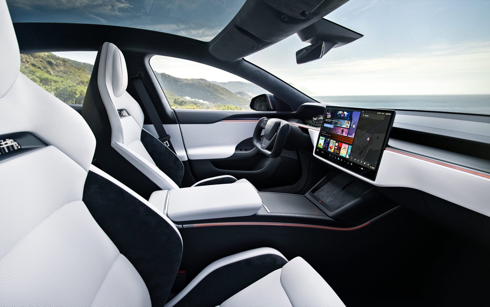 2026 Tesla Model S refresh interior showing the yoke steering wheel and horizontal center display