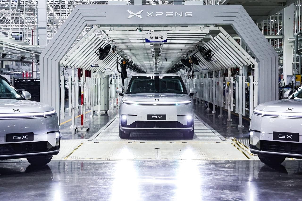 XPeng GX electric vehicles on the assembly line at an XPeng factory in China