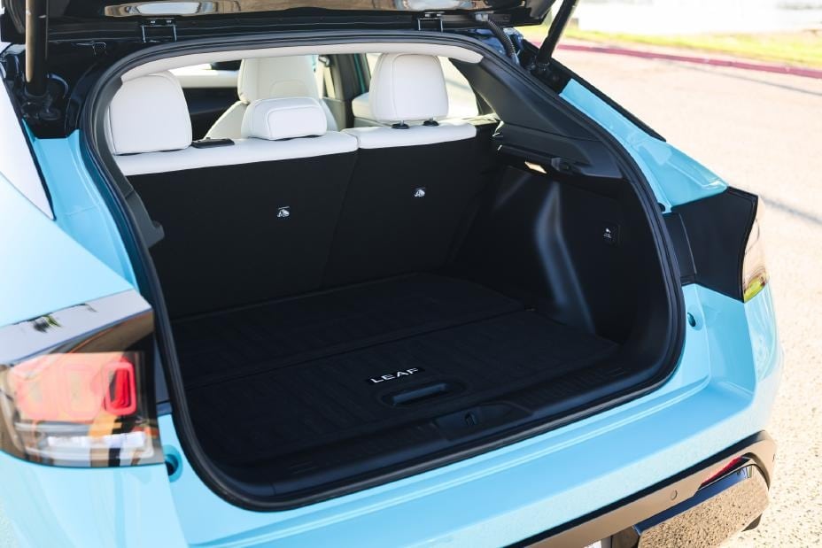 2026 Nissan Leaf cargo area with the hatch open and rear seats up
