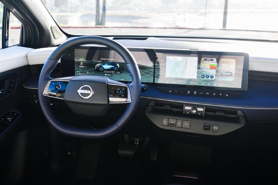 2026 Nissan Leaf dashboard with the dual display and steering wheel