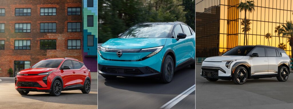 2027 Chevrolet Bolt, 2026 Nissan Leaf, and 2027 Kia EV3 side by side
