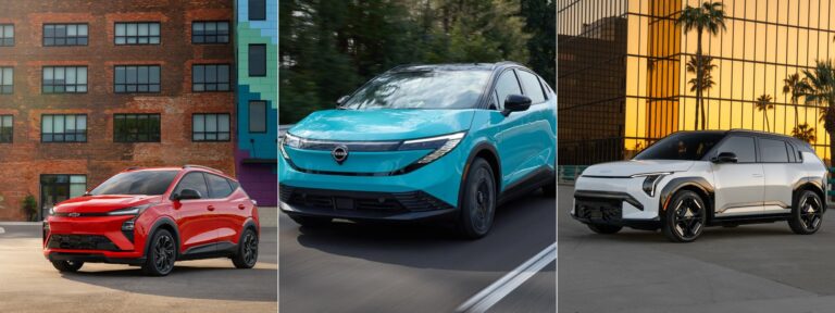 2027 Chevrolet Bolt, 2026 Nissan Leaf, and 2027 Kia EV3 side by side