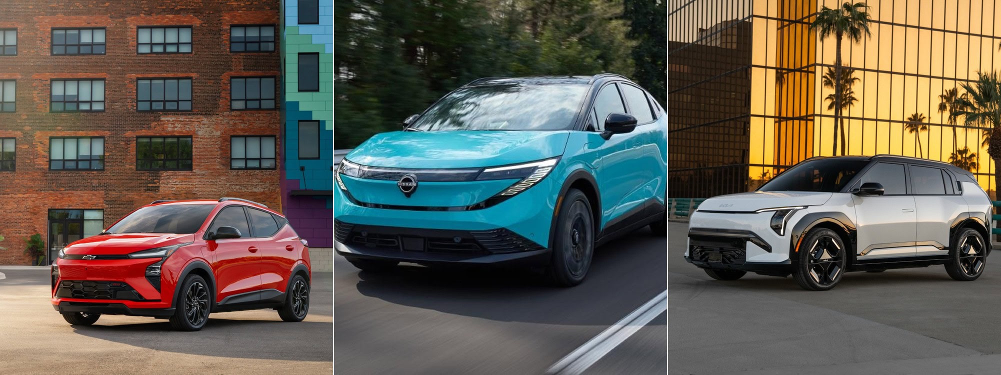 2027 Chevrolet Bolt, 2026 Nissan Leaf, and 2027 Kia EV3 side by side