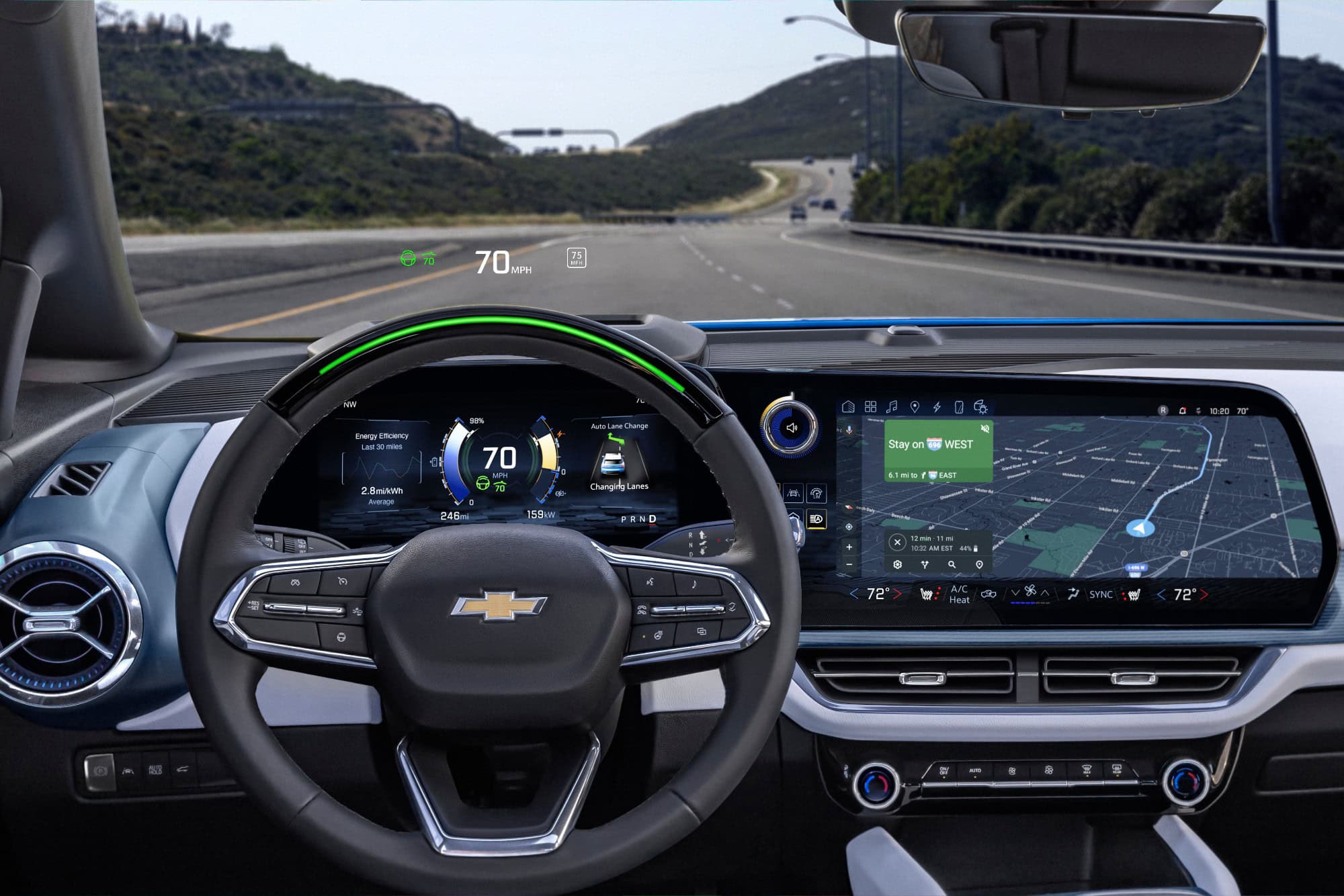Chevrolet Equinox EV driver display and head up display viewed from the driver seat
