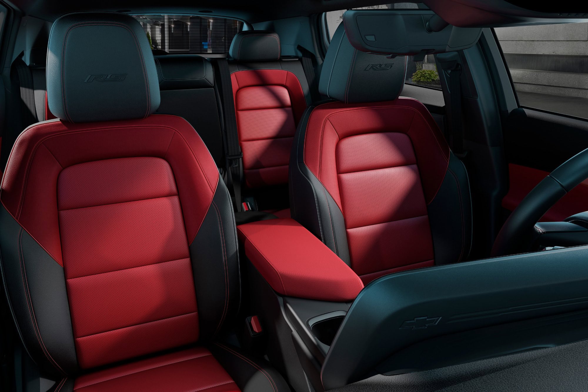 Chevrolet Equinox EV RS front seats in red and black