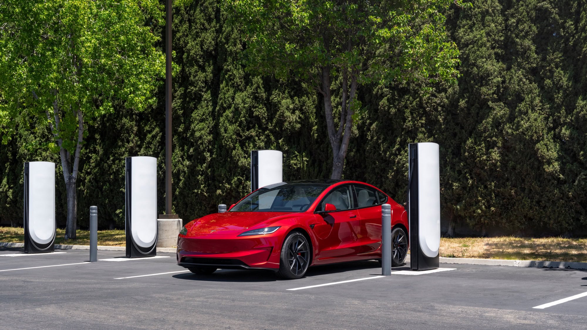 Tesla vehicles parked at a Tesla Supercharger station